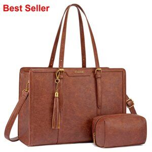 15.6 Inch Laptop Tote Bag with Clutch, PU Leather, Multi-Pocket Work Purse